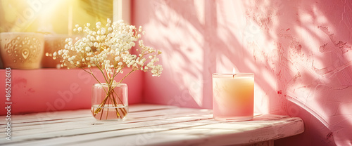 Beautiful candles standing on white table photo