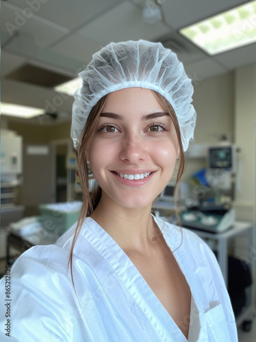 An attractive nurse taking an amateur selfie in the hospital wearing her white scrubs and hairnet