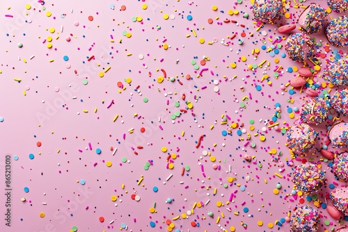 Colorful sprinkles and cake pops on a pink background. Perfect for birthday, party, celebration, and dessert themes.