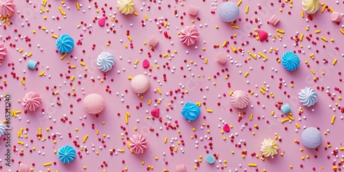 Colorful meringue and sprinkles on pink background. Flat lay of sweet treats, creating a festive and playful backdrop. Perfect for bakery, candy shop, or celebration themes.