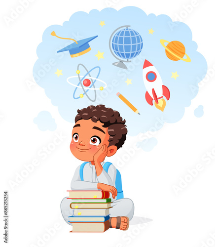 Little Arab boy dreaming of a career in science. Cartoon vector illustration.