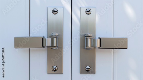 Contemporary aluminum door hinges on white doors with space for text close up shot