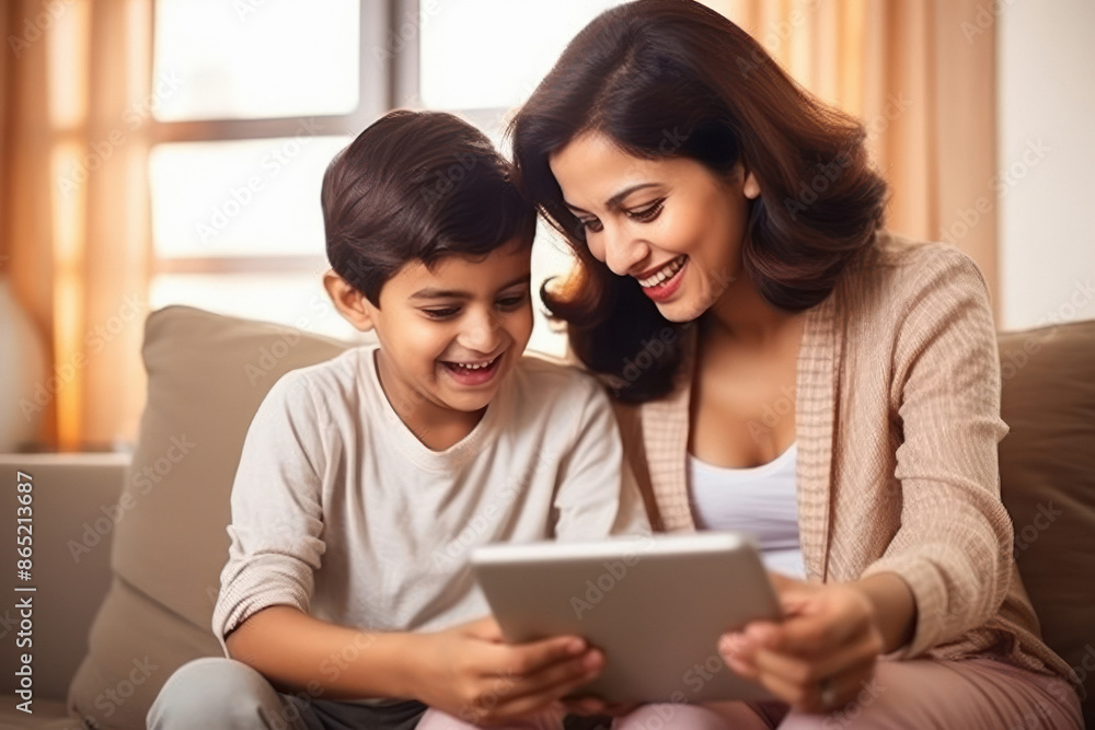 Indian mother and her little boy using tablets and headphone Indian mother and her little boy using tablets and headphone
