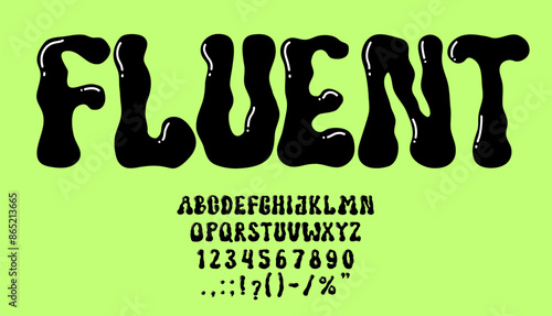 Psychedelic y2k font, liquid groovy type, hippie bubble typeface, english alphabet vector typography set. Aesthetic abstract blob abc letters and numbers psychedelic trippy font, Y2k bubble type