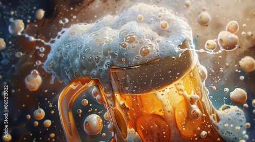 frosty beer mug overflowing with foam refreshing ale pour closeup digital painting photo