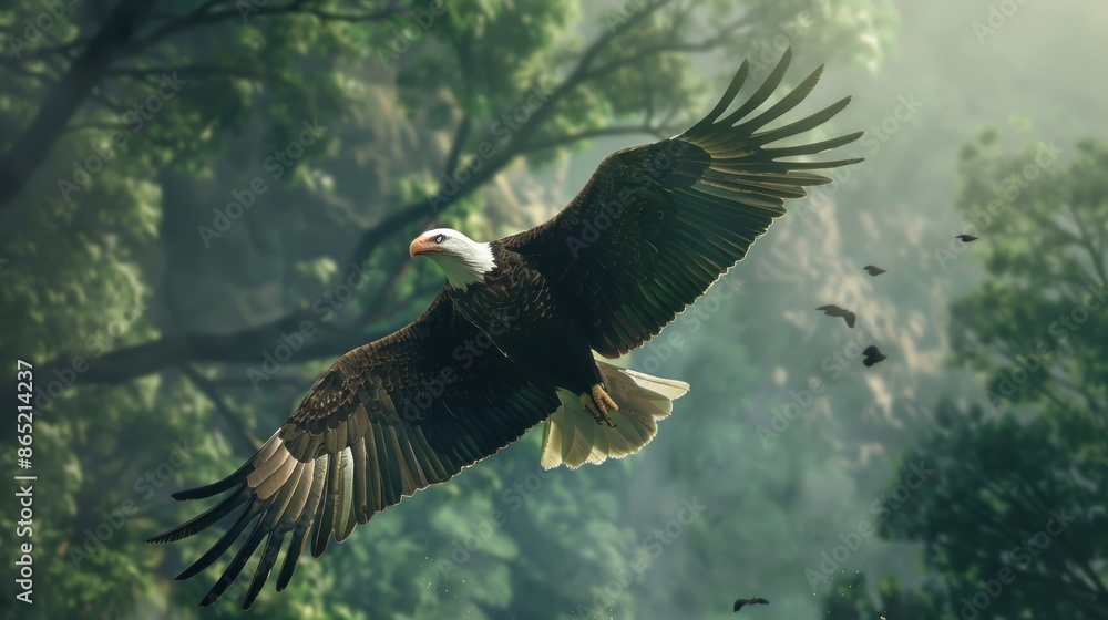 Obraz premium Bald Eagle Soaring Through a Misty Forest