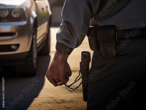 police officer holding a cell phone next to a parked car, possibly capturing evidence or communicating with headquarters.