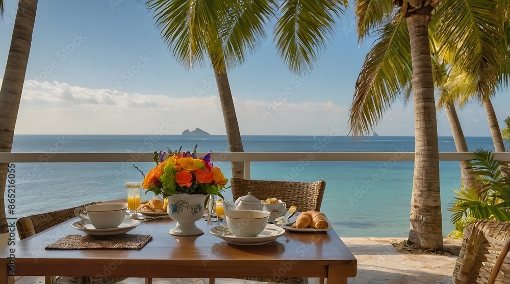 A breakfast table by the sea, the table is beautifully arranged with various breakfast items including croissants, fresh fruit and glasses of orange juice. A breakfast table by the sea, the table is beautifully arranged with various breakfast items including croissants, fresh fruit and glasses of orange juice.