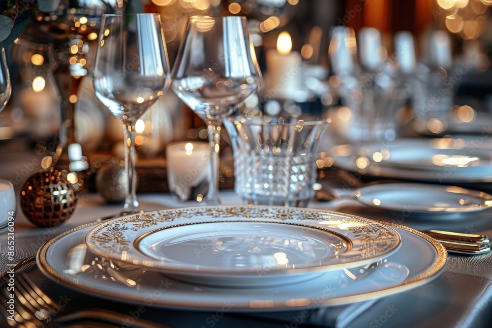 A luxurious dining table exquisitely set with fine china plates, elegant silverware, crystal glassware, and candles, ready for an upscale dining experience or special occasion. A luxurious dining table exquisitely set with fine china plates, elegant silverware, crystal glassware, and candles, ready for an upscale dining experience or special occasion.