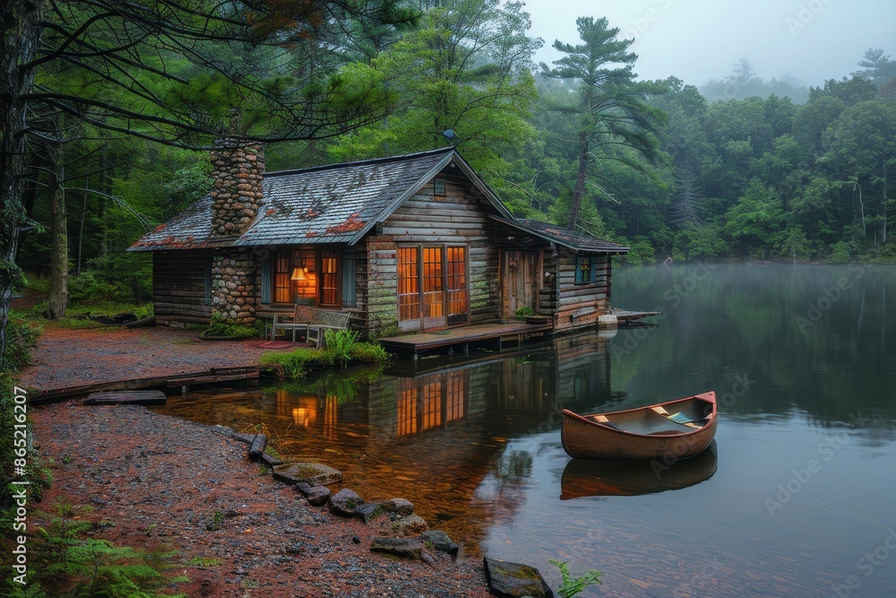 Obraz premium A rustic cabin by a lake, with a small pier, a canoe, and pine trees surrounding the area. 