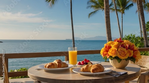 A breakfast table by the sea, the table is beautifully arranged with various breakfast items including croissants, fresh fruit and glasses of orange juice.