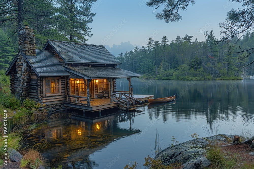 A rustic cabin by a lake, with a small pier, a canoe, and pine trees surrounding the area. A rustic cabin by a lake, with a small pier, a canoe, and pine trees surrounding the area.