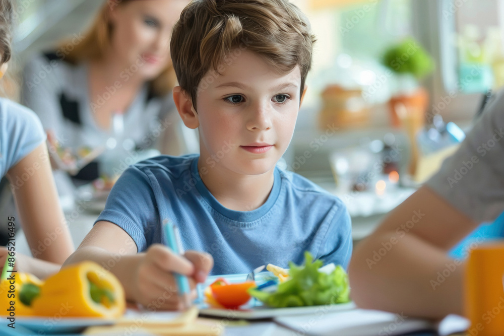 boy doing school homework on lunch table at home boy doing school homework on lunch table at home