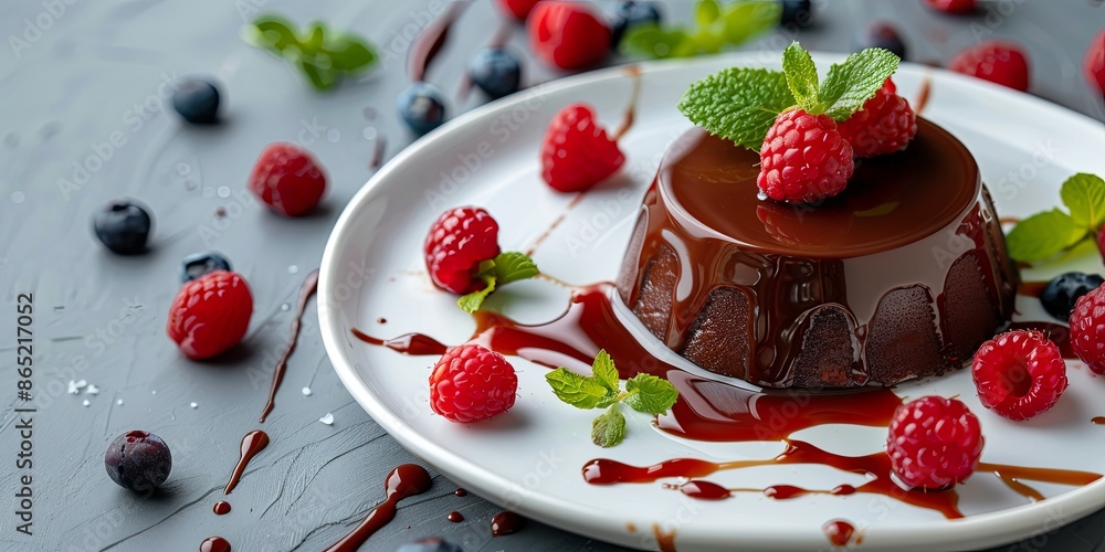 Chocolate panna cotta dessert garnished with fresh raspberries, blueberries, and mint. Delicious Italian dessert on a plate Chocolate panna cotta dessert garnished with fresh raspberries, blueberries, and mint. Delicious Italian dessert on a plate