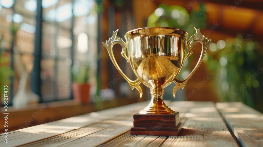 golden trophy cup on wooden table winner and success concept still life golden trophy cup on wooden table winner and success concept still life