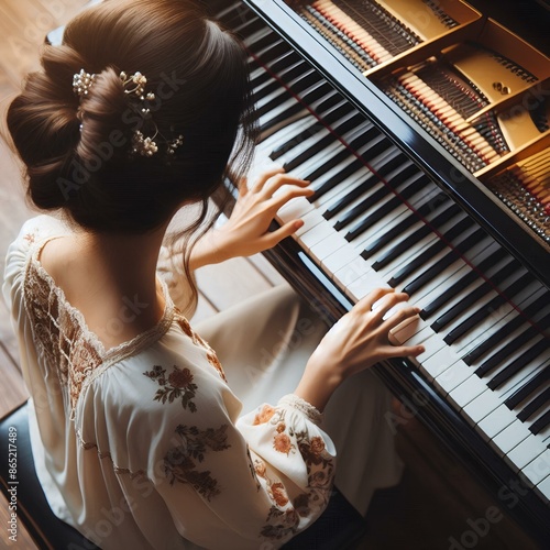 top view of the keyboard of a grandpiano with the fingers of a female pianist. photo