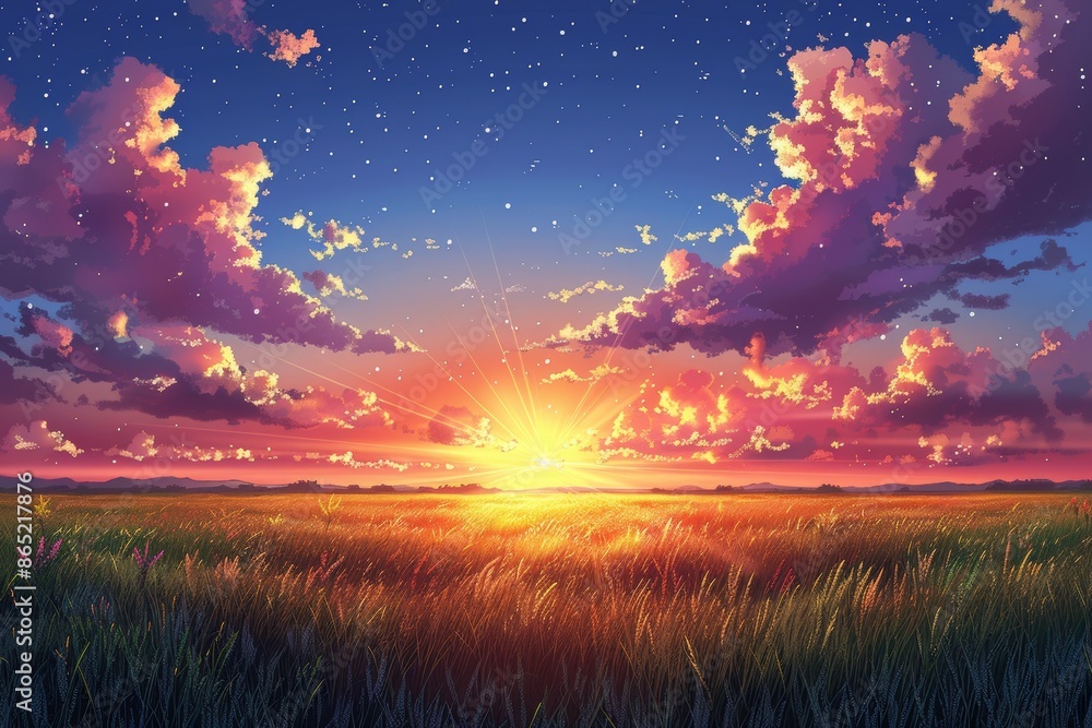 Stunning Sunset Over a Grassy Field With Pink Clouds and Stars Stunning Sunset Over a Grassy Field With Pink Clouds and Stars