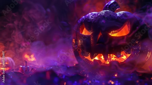 haunting 3d halloween pumpkin ghost with eerie glow on vivid purple background digital art