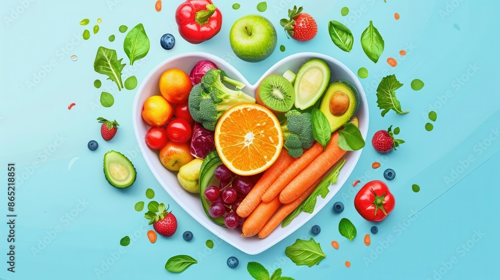 heartshaped bowl of healthy foods nutritious diet concept with fresh vegetables and fruits vector illustration heartshaped bowl of healthy foods nutritious diet concept with fresh vegetables and fruits vector illustration