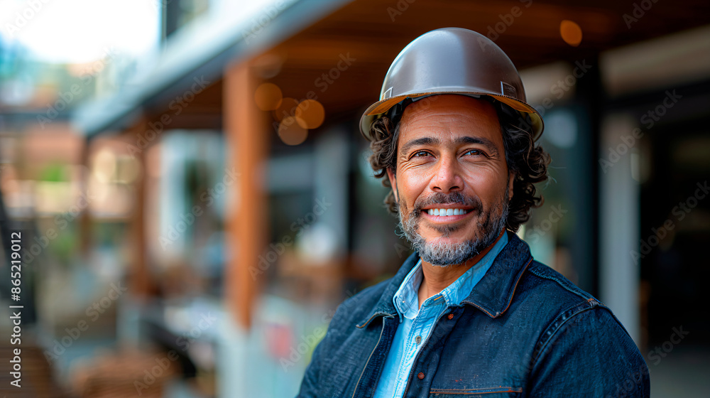40s Hispanic man, engineer, wearing a hard hat, standing in front of a house under construction. 40s Hispanic man, engineer, wearing a hard hat, standing in front of a house under construction.