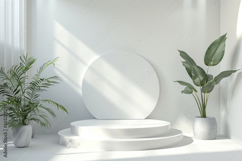 White podium backdrop with green plants for product display with natural lighting. Minimalistic 3D render scene with geometric shapes. White podium backdrop with green plants for product display with natural lighting. Minimalistic 3D render scene with geometric shapes.