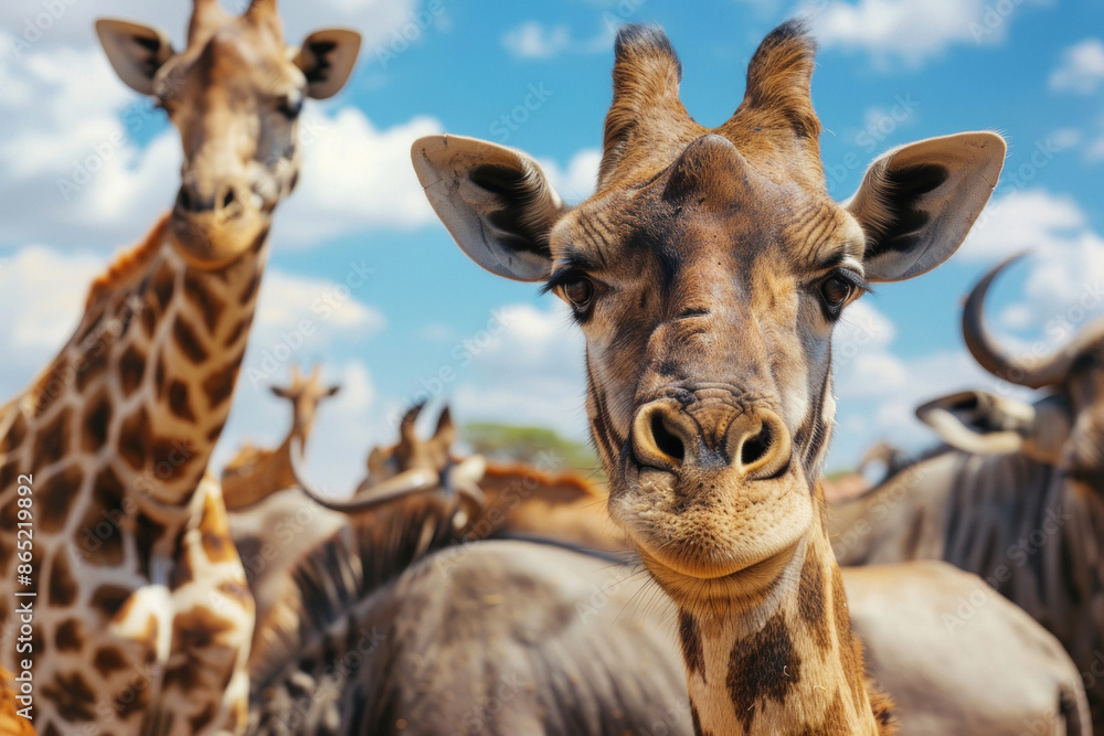 Naklejka premium group of safari animals standing together at national park