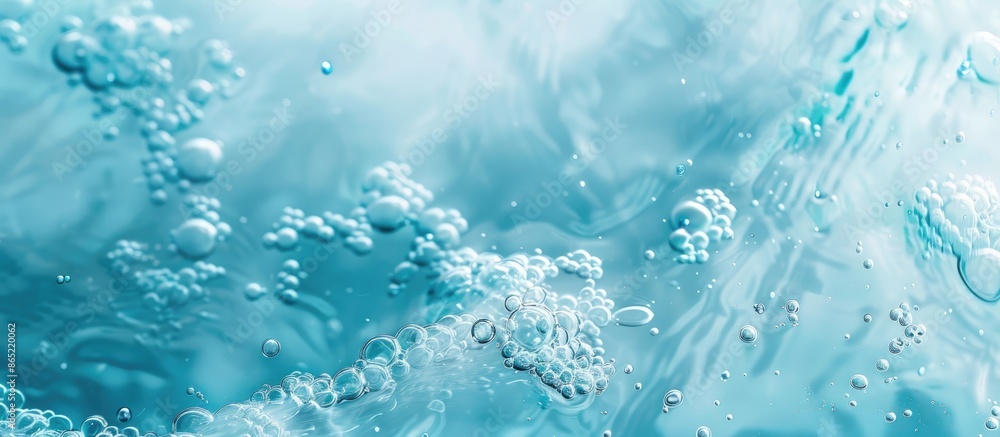 Close-up of tranquil light blue transparent water surface with splashes and bubbles - stylish abstract background for summertime product promotion with text space. Close-up of tranquil light blue transparent water surface with splashes and bubbles - stylish abstract background for summertime product promotion with text space.
