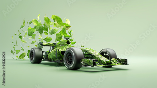 Eco-Friendly Formula Racing Car: Leafy Race Concept on Light Green Background.