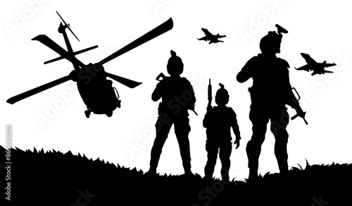 Silhouette of military army soldiers with weapons during training or at war. American independence or memorial day background. USA army soldier or veteran silhouette. Pride, honor and security symbol.