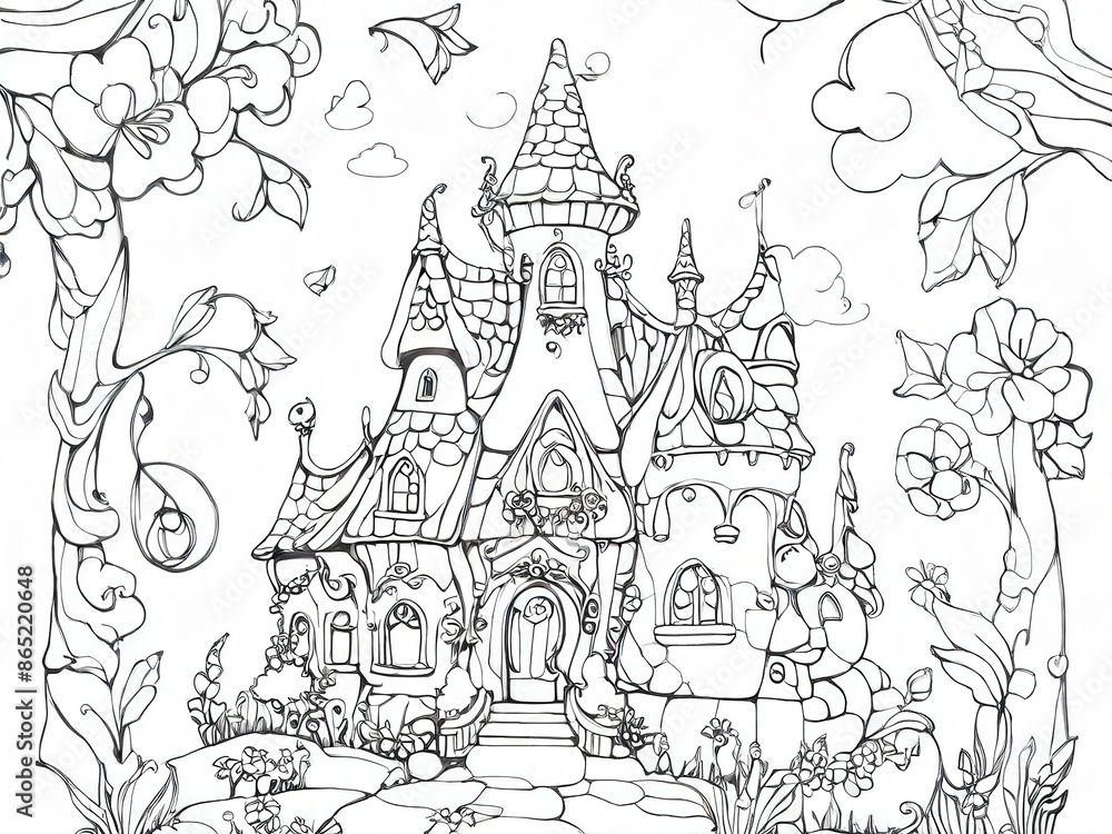 Fototapeta premium Coloring book. Fairytale castles for children to color. Vector illustration. white background