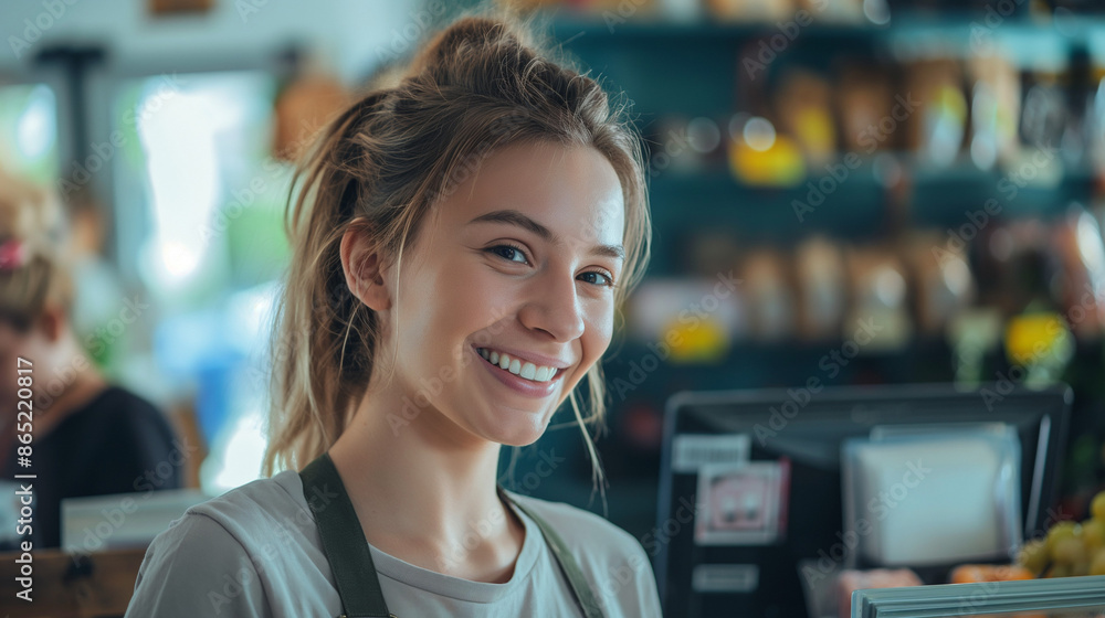 Naklejka premium Smiling, young and attractive saleswoman, cashier serving customers