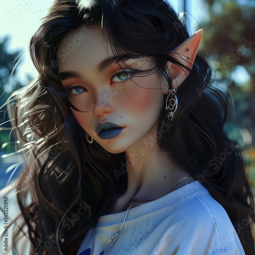 Cartoon style illustration, girl, long dark hair, elf ears with earrings, big lips, big eyes, long oversize white T-shirt, black manicure, outdoors photo