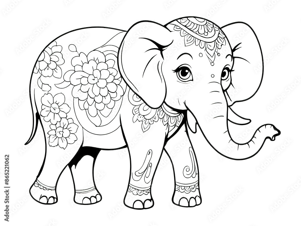 Fototapeta premium coloring book Flower pattern elephant . Vector white background