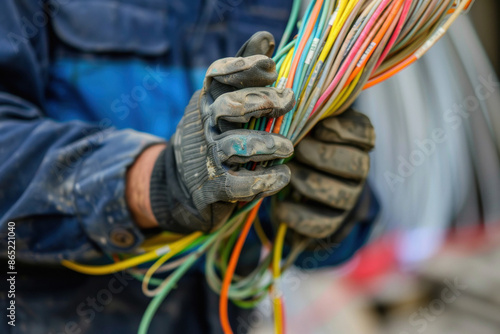 Electrician holding live electrical wires photo