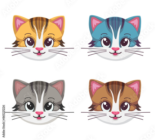 A set of kittens head icons. Different colors. Cute kitten. Children's cute character. Printable stickers. Flat design. Isolated on white background. Vector