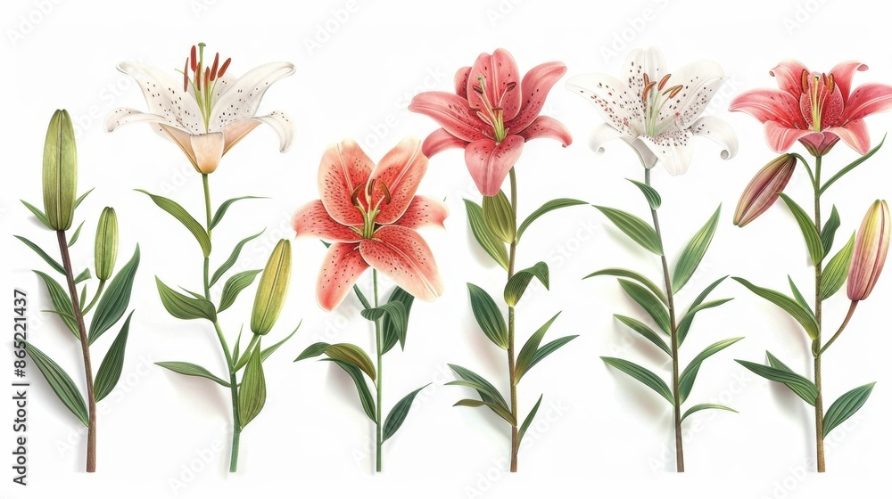 Set of elegant blooming lilies with buds Set of elegant blooming lilies with buds