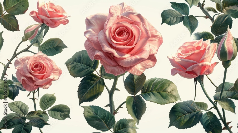 Fototapeta premium Group of blooming pink roses with lush green leaves