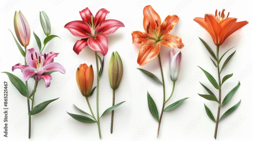 Set of elegant blooming lilies with buds Set of elegant blooming lilies with buds