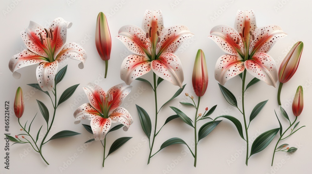 Set of elegant blooming lilies with buds Set of elegant blooming lilies with buds