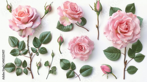 Group of blooming pink roses with lush green leaves