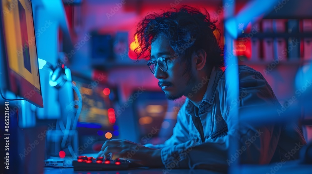 a worker deeply engaged with their work on a computer, surrounded by modern office gadgets. dedicated worker, life of company worker a worker deeply engaged with their work on a computer, surrounded by modern office gadgets. dedicated worker, life of company worker