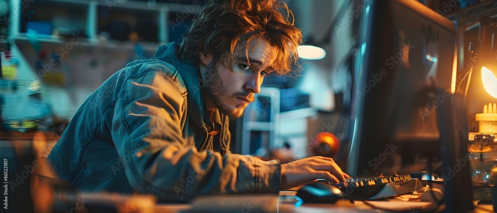 a worker deeply engaged with their work on a computer, surrounded by modern office gadgets. dedicated worker, life of company worker