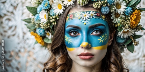 Woman with blue and yellow floral face paint and flower crown. Ukrainian