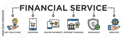 Financial service banner web icon vector illustration concept with icon of key solutions, shopping, online payments, internet banking, insurance and services