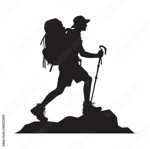 Hiker silhouette of a trekking Hiker vector on isolated white background.