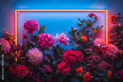 Vibrant and colorful flowers illuminated by a neon light frame, creating a stunning and vivid floral display. Perfect for decorative purposes.