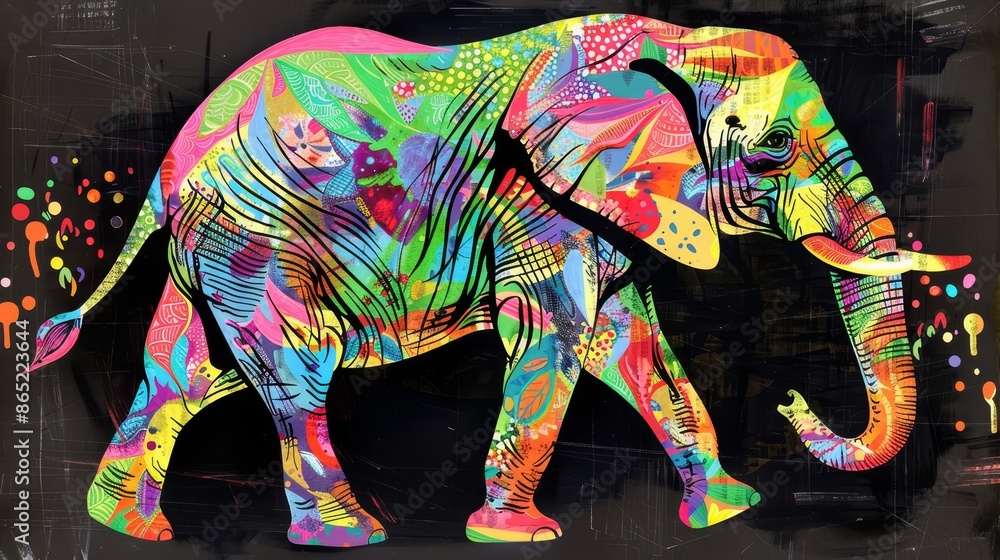 Fototapeta premium Colorful elephant painting with vibrant colors in number style on black background, ideal for home decor, wall hanging, and cartoon-style decoration.