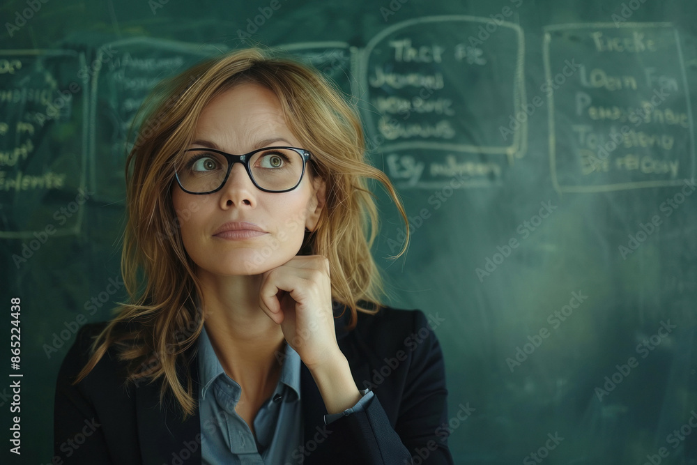 Businesswoman teacher standing with school blackboard Businesswoman teacher standing with school blackboard