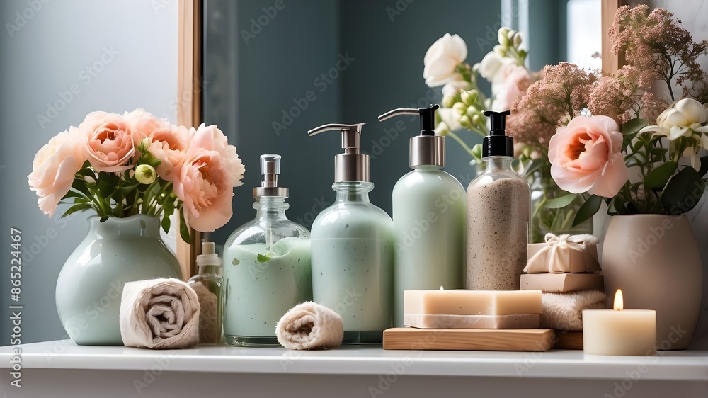a commercial or decorative arrangement of flowers and soap bottles on a bathroom or toilet mirror shelf for face wash and other natural spa products. a commercial or decorative arrangement of flowers and soap bottles on a bathroom or toilet mirror shelf for face wash and other natural spa products.