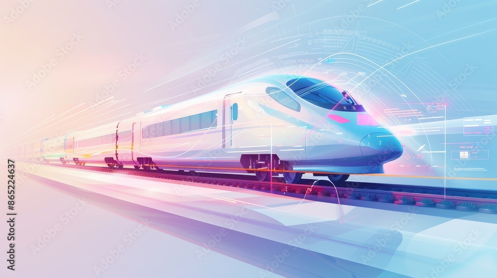 Modern, high-speed train concept with data visualization in soft blue and pink gradient, conveying tranquility and technology in a simple style. Modern, high-speed train concept with data visualization in soft blue and pink gradient, conveying tranquility and technology in a simple style.